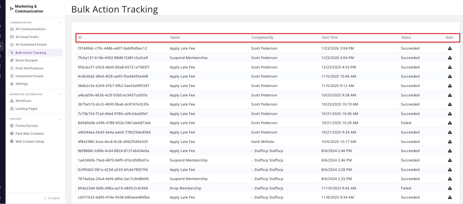 Batch Tracking page showing the batch list with the Batch ID, Batch Name, Time Stamp and Status columns visible