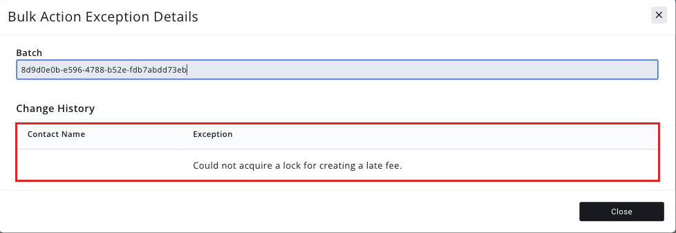 Exception dialog open over the Batch Tracking page, listing the contacts with unsuccessful delivery. Mask any real email address with a solid grey bar