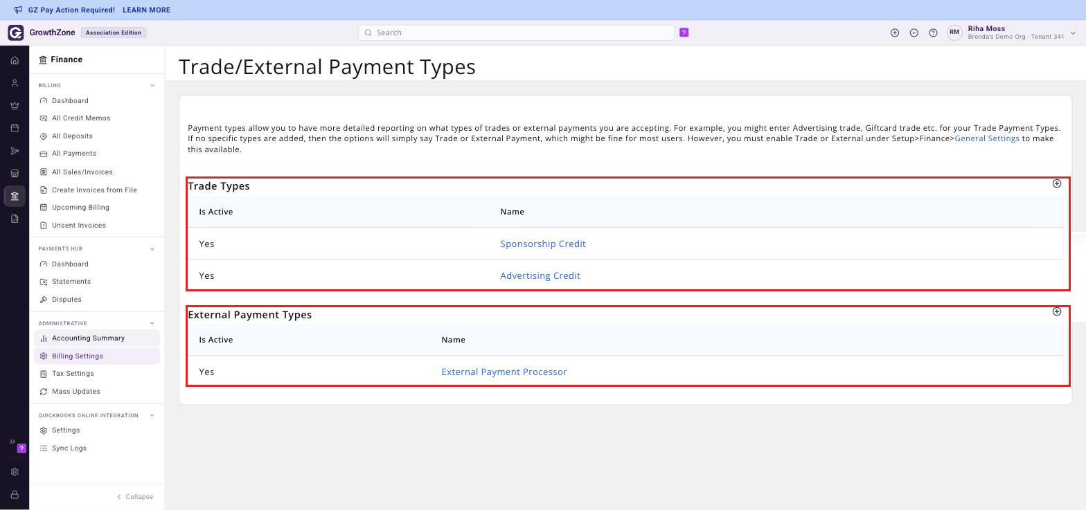 Trade/External Payment Types page reached from Finance > Administrative > Billing Settings, showing the Trade Types and External Payment Types lists