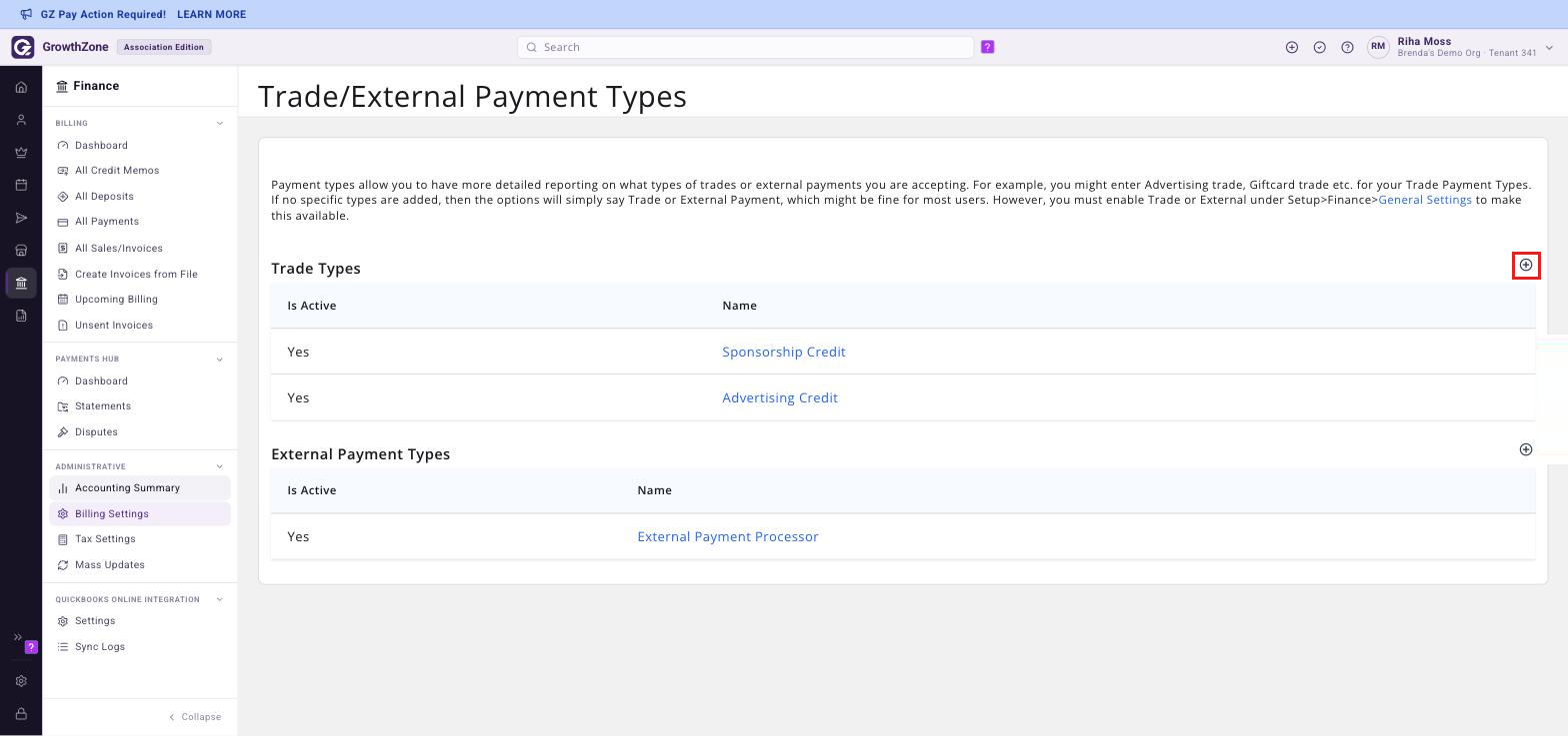Trade/External Payment Types page with the plus icon boxed on the Trade Types heading row