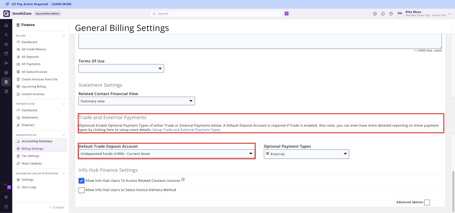 General Billing Settings page scrolled to the Trade and External Payments section with the Default Trade Deposit Account list boxed