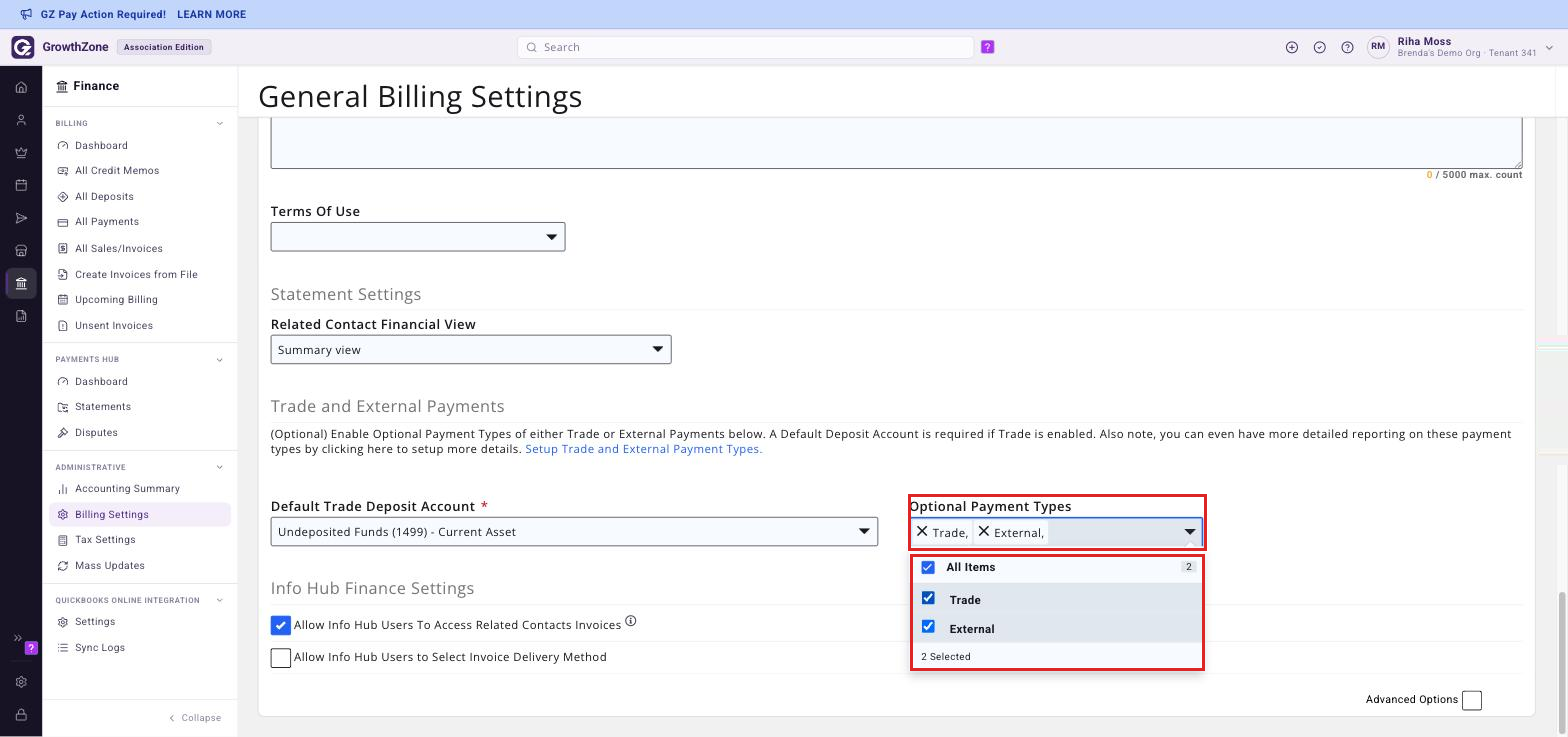 General Billing Settings with the Optional Payment Types list open and both Trade and External checked