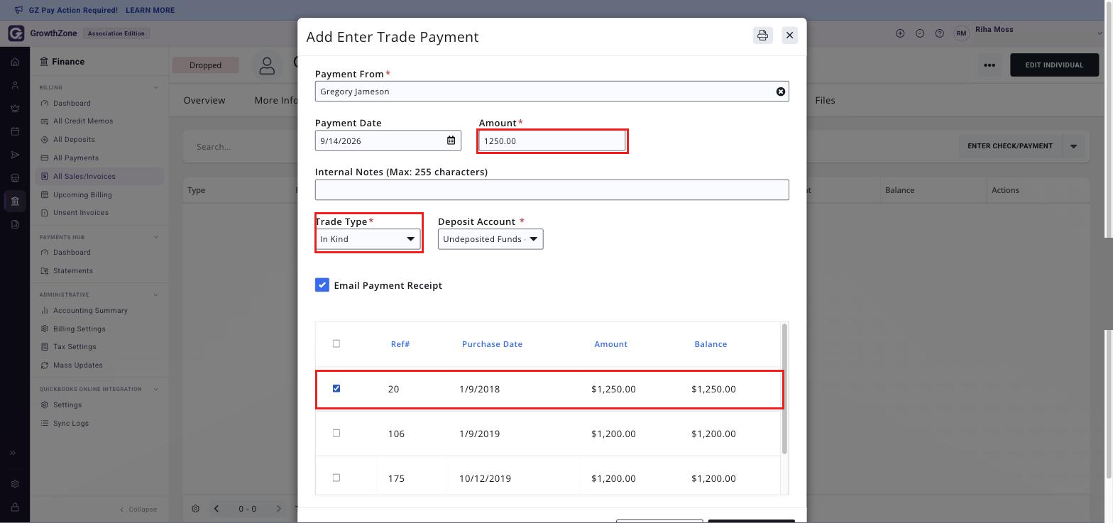 The Add Enter Trade Payment window with Trade Type selected, an Amount entered and the invoice to pay ticked