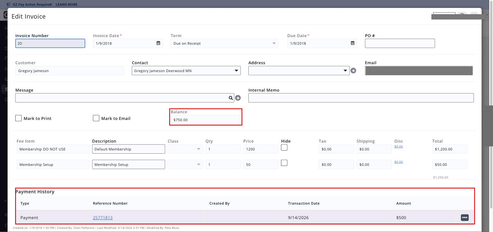 The invoice after a trade payment is applied, with the remaining Balance and the Payment History entry boxed. Mask any real email address with a solid grey bar