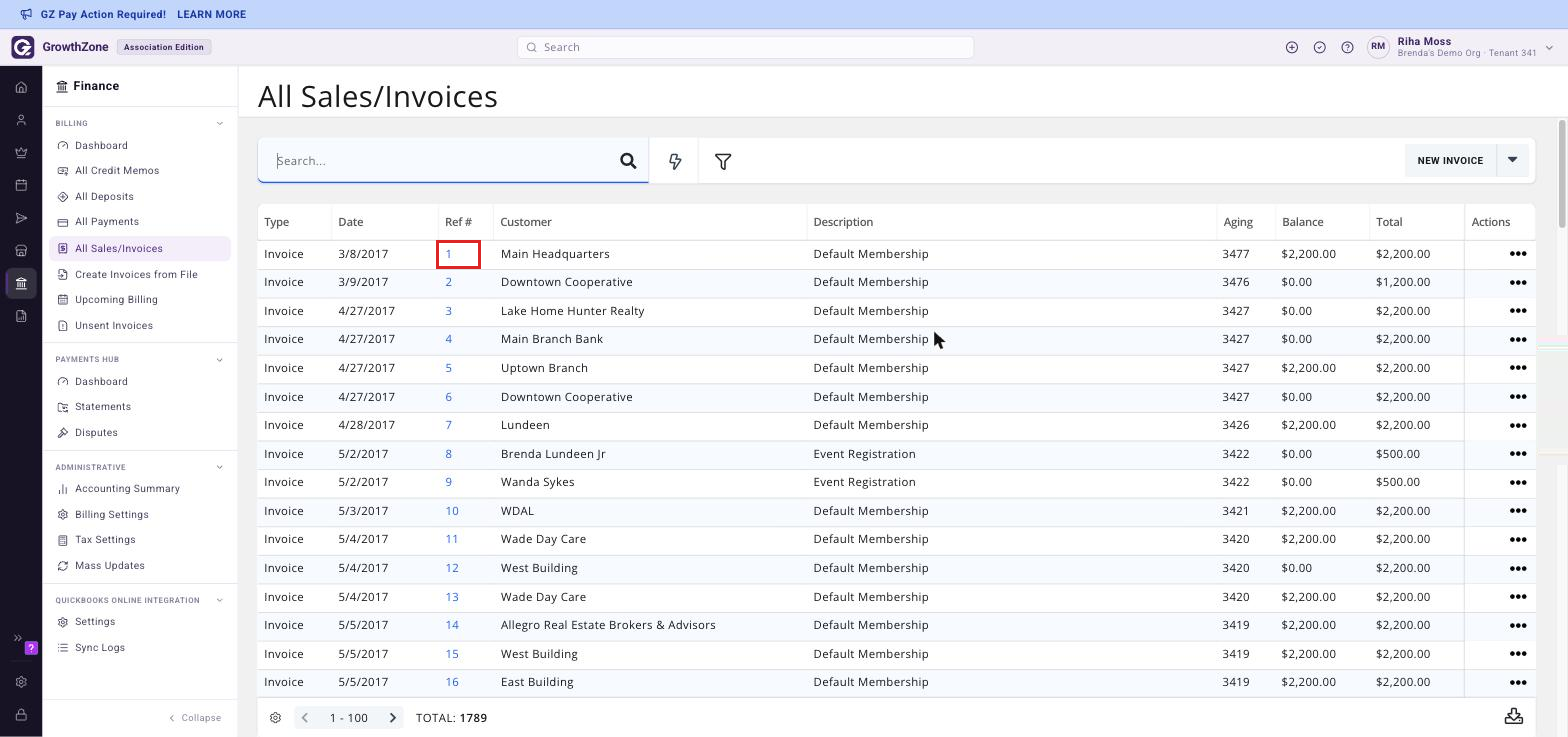 The All Sales/Invoices page under Finance > Billing, with one Ref # link boxed
