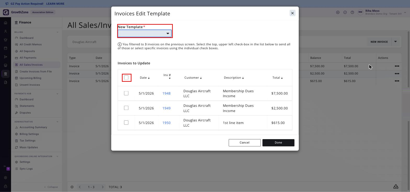 The Invoices Edit Template window showing the New Template list and the Invoices to Update grid, with the select-all check-box boxed