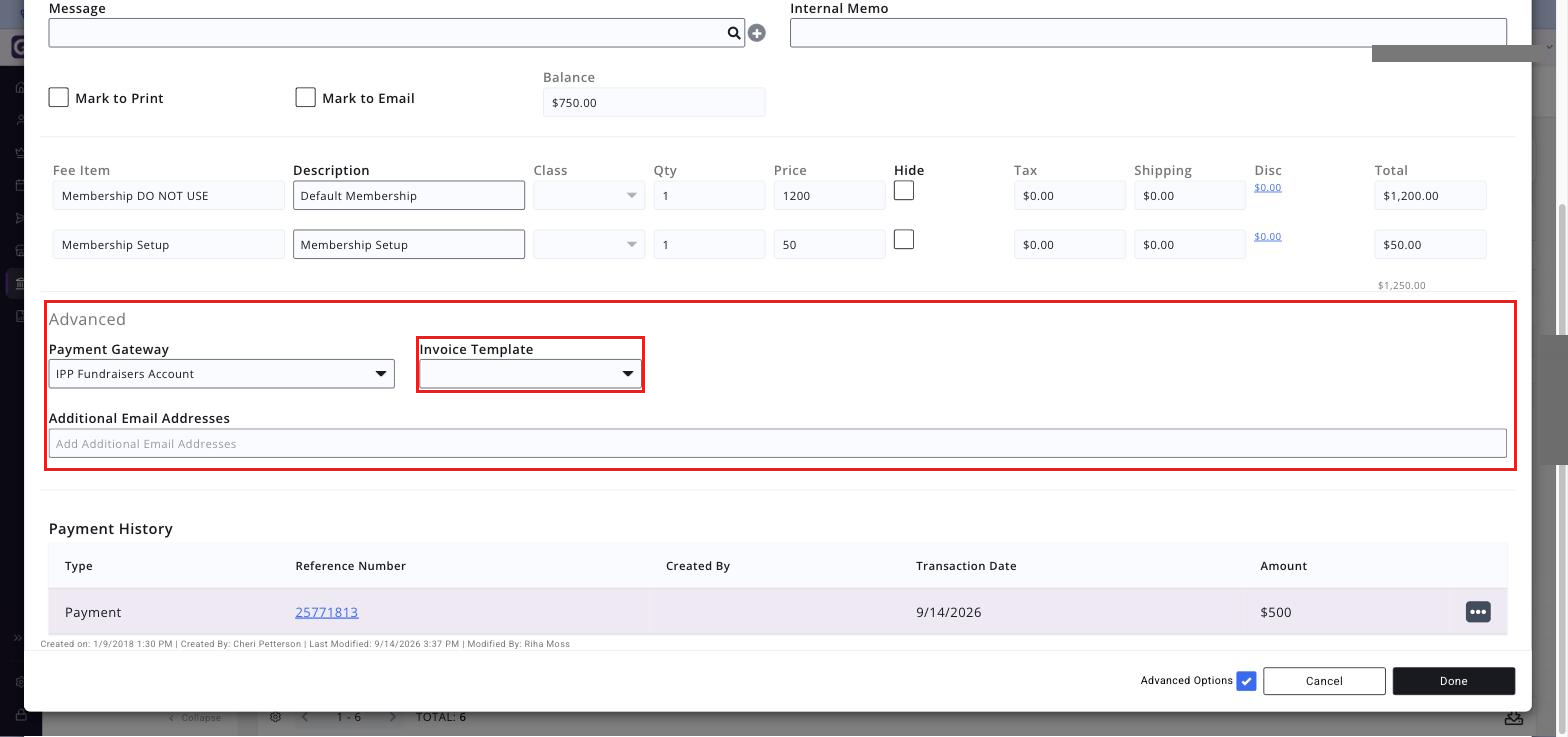 The Advanced section of the Edit Invoice window, revealed by the Advanced Options check-box, with the Invoice Template list boxed