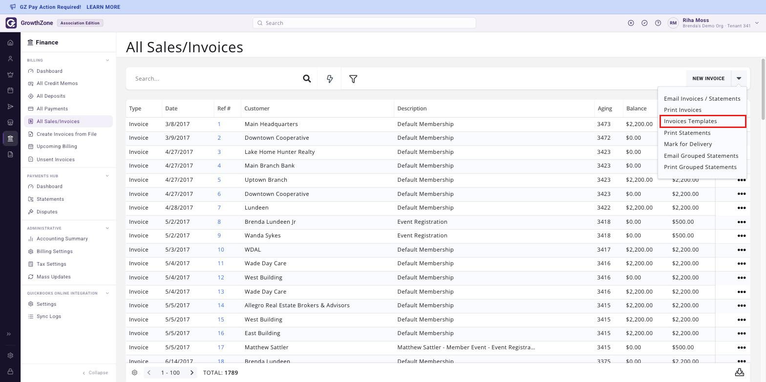 All Sales/Invoices page with the NEW INVOICE drop-down open and Invoices Templates highlighted