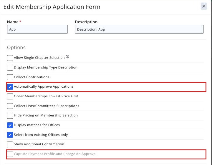 Options list with Automatically Approve Applications ticked and Capture Payment Profile and Charge on Approval greyed out