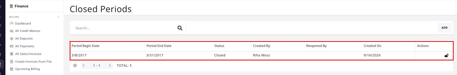 Closed Periods page showing the log of previously closed periods with the close date and the staff member who closed each one