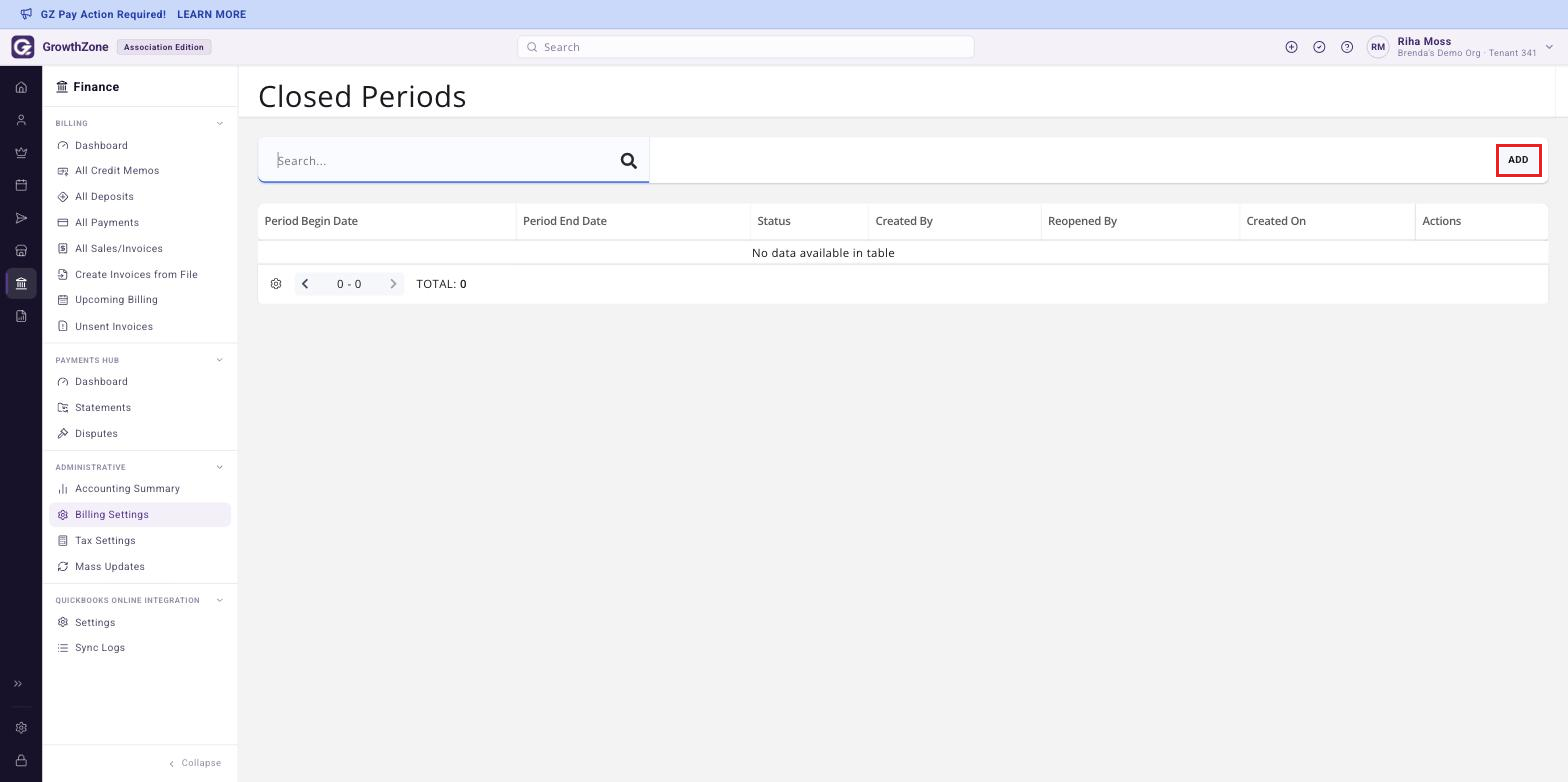 Closed Periods page with the Add button boxed