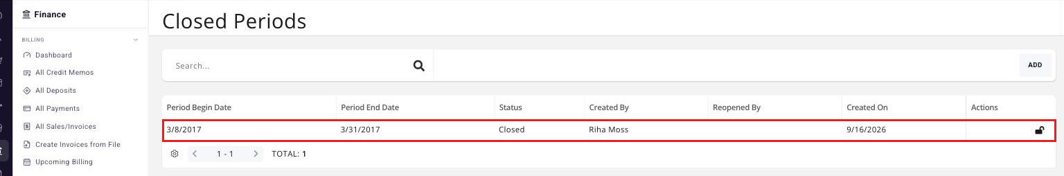 Closed Periods log with the row for the period to be reopened highlighted