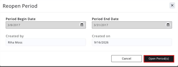 Closed period summary screen with the Open Period(s) button boxed