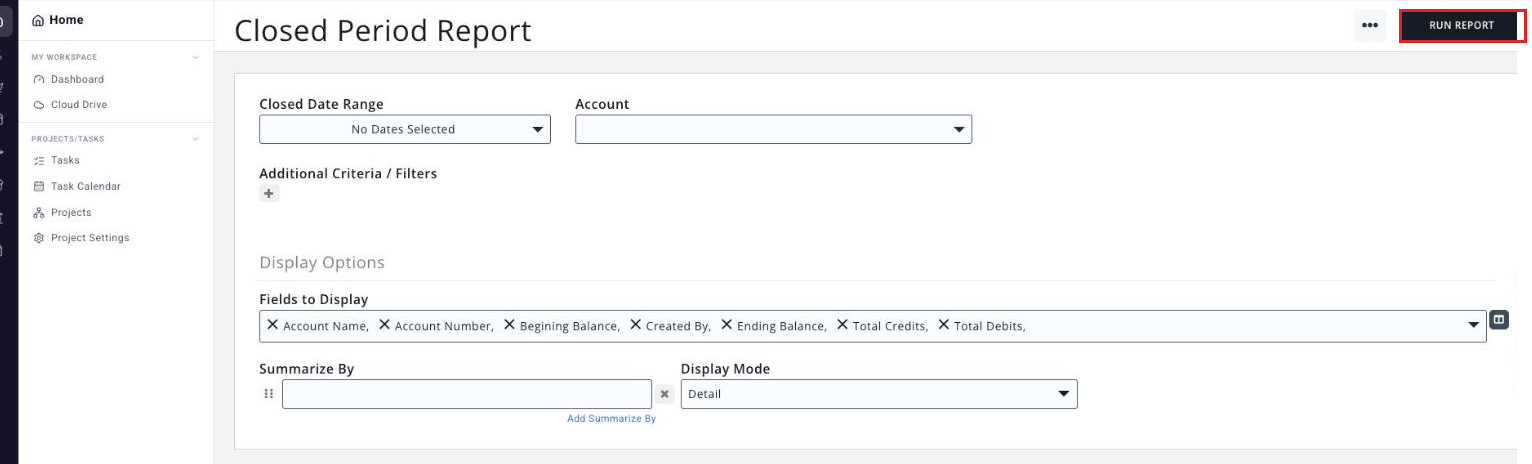 Closed Period Report criteria screen with the Run Report button boxed