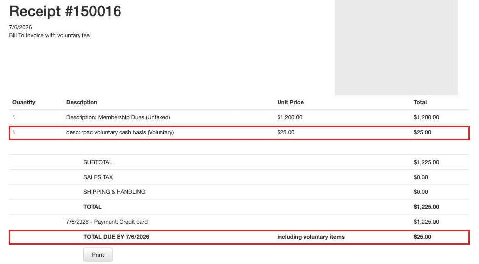 Rendered invoice total block produced by TotalHTML, showing the total with voluntary fees and the total without, with the explanatory wording visible