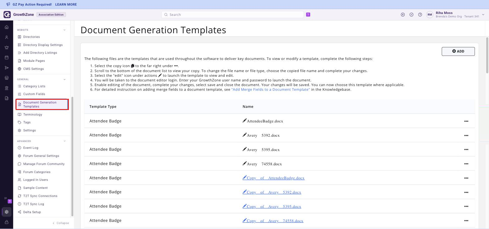 The Document Generation Templates page with Settings > General > Document Generation Templates highlighted in the left-hand rail