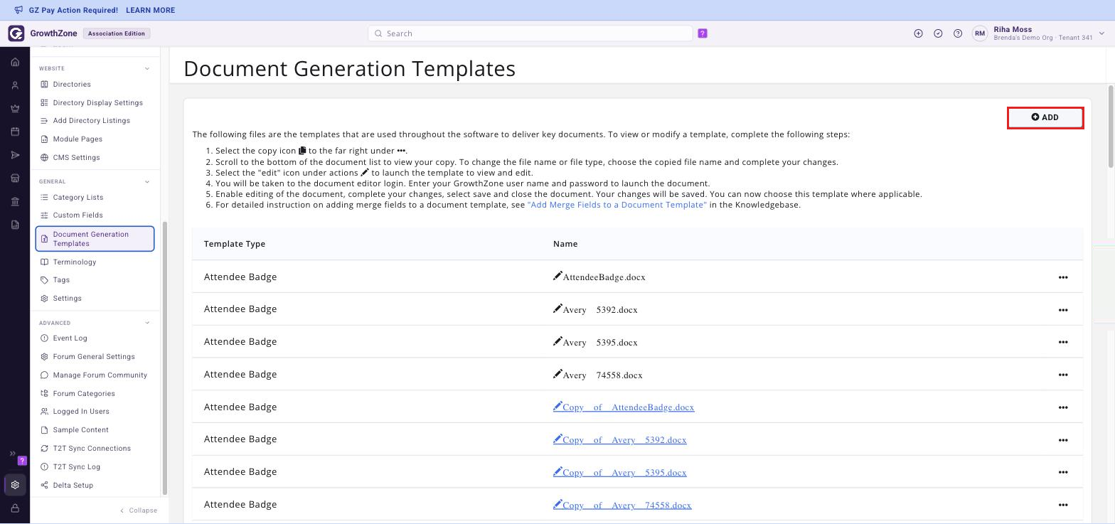The Document Generation Templates page with the ADD button boxed