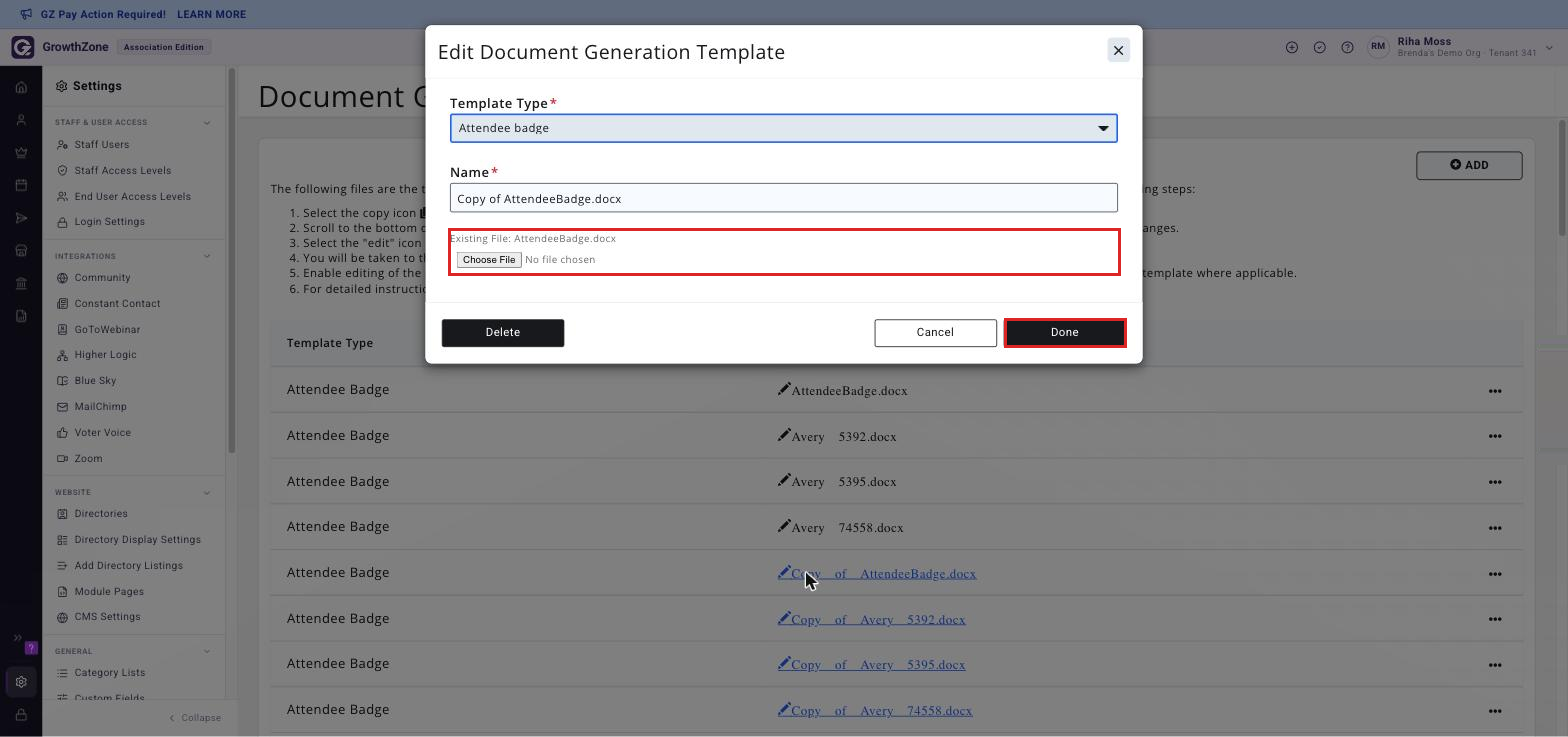 The Edit Document Generation Template window showing the Existing File line and the Choose File control, with Done boxed