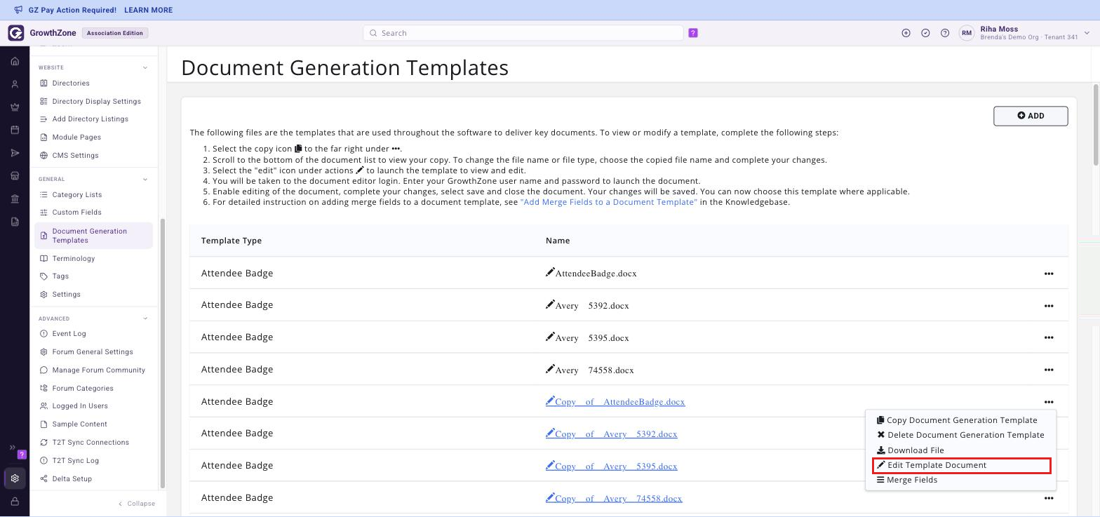 The &bull;&bull;&bull; menu on a copied template row with Edit Template Document highlighted