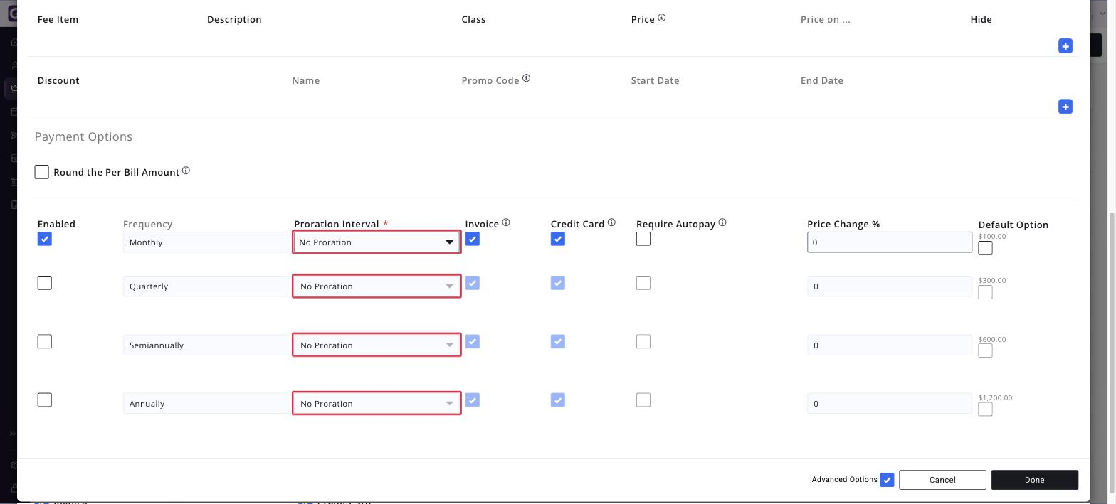 Edit Membership Billing for a membership type with Prorate Partial Years enabled, scrolled to the Payment Options grid, with the Proration Interval selectors on the Monthly, Quarte