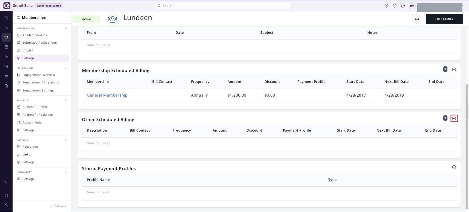 Contact record Billing Setup tab, Other Scheduled Billing section, with the plus sign boxed