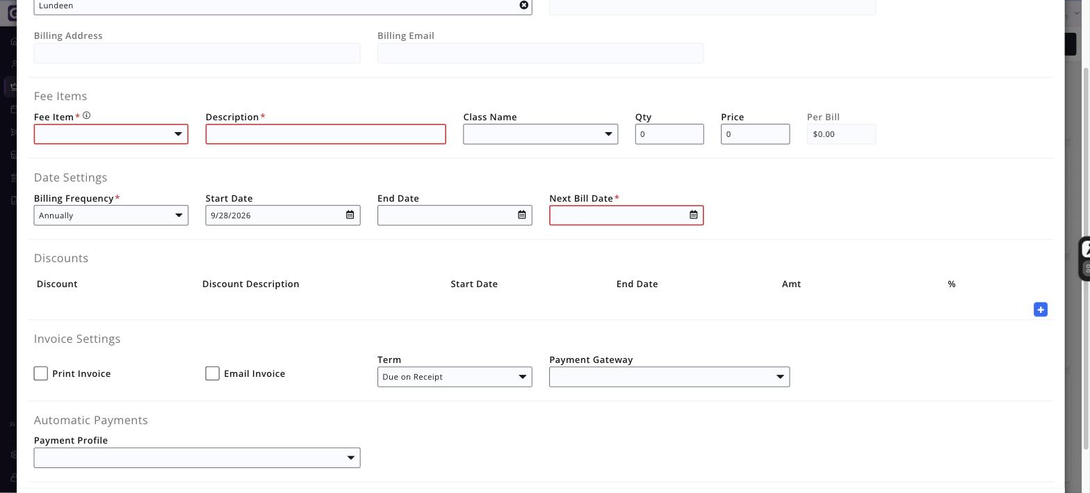 Add Recurring Billing screen showing the Fee Items, Date Settings, Discounts, Invoice Settings and Automatic Payments sections
