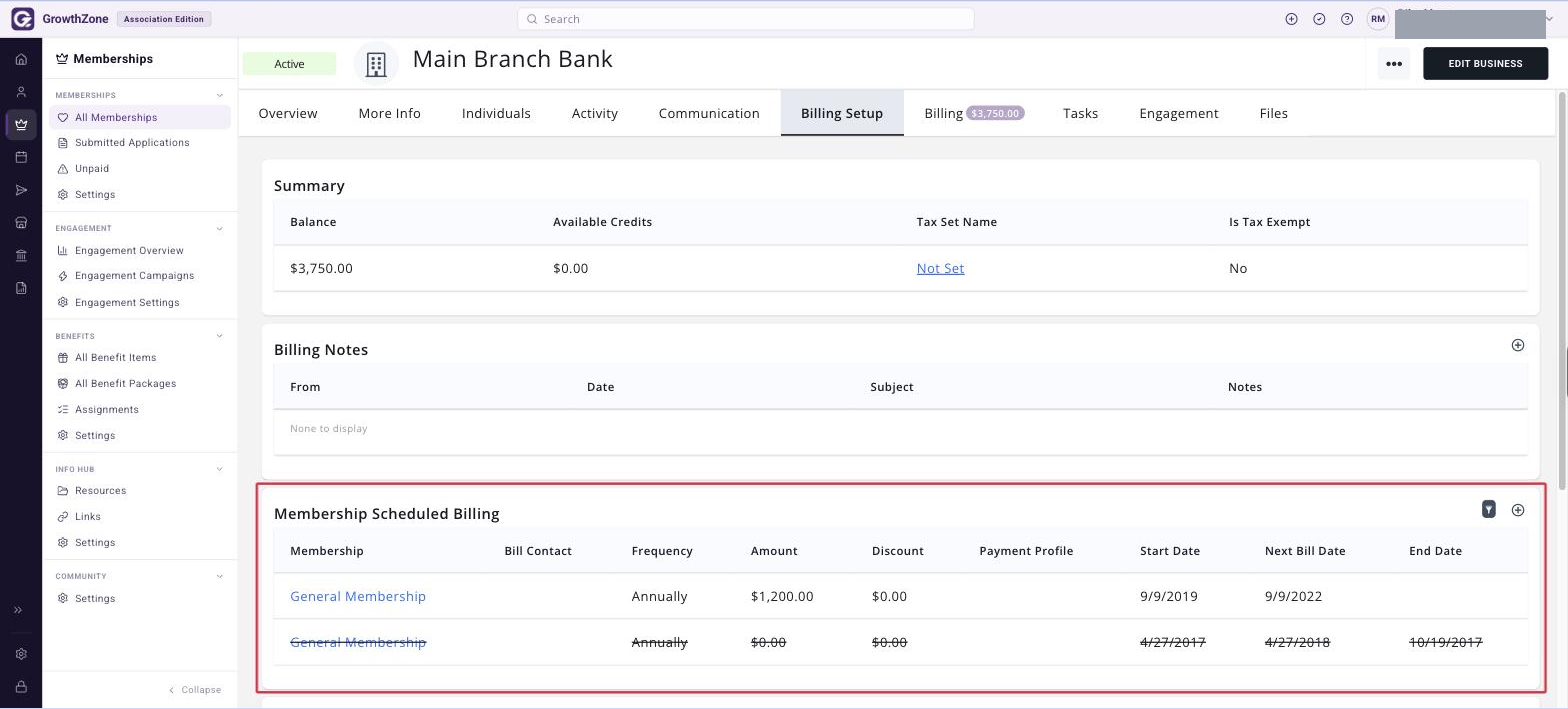 Contact record with the Billing Setup tab selected and the Membership Scheduled Billing section boxed