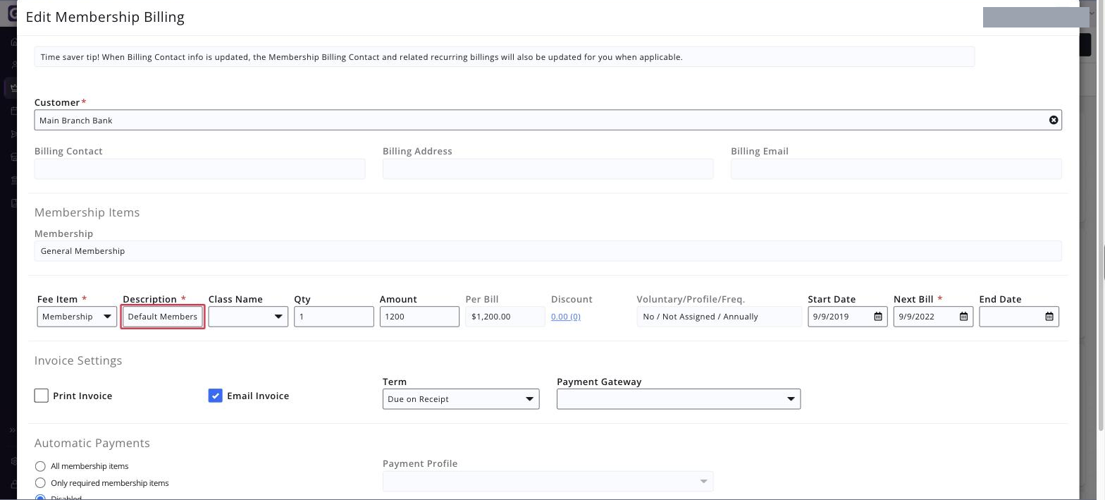 Membership Scheduled Billing section expanded to the fee item details, with the Description column hyperlink boxed