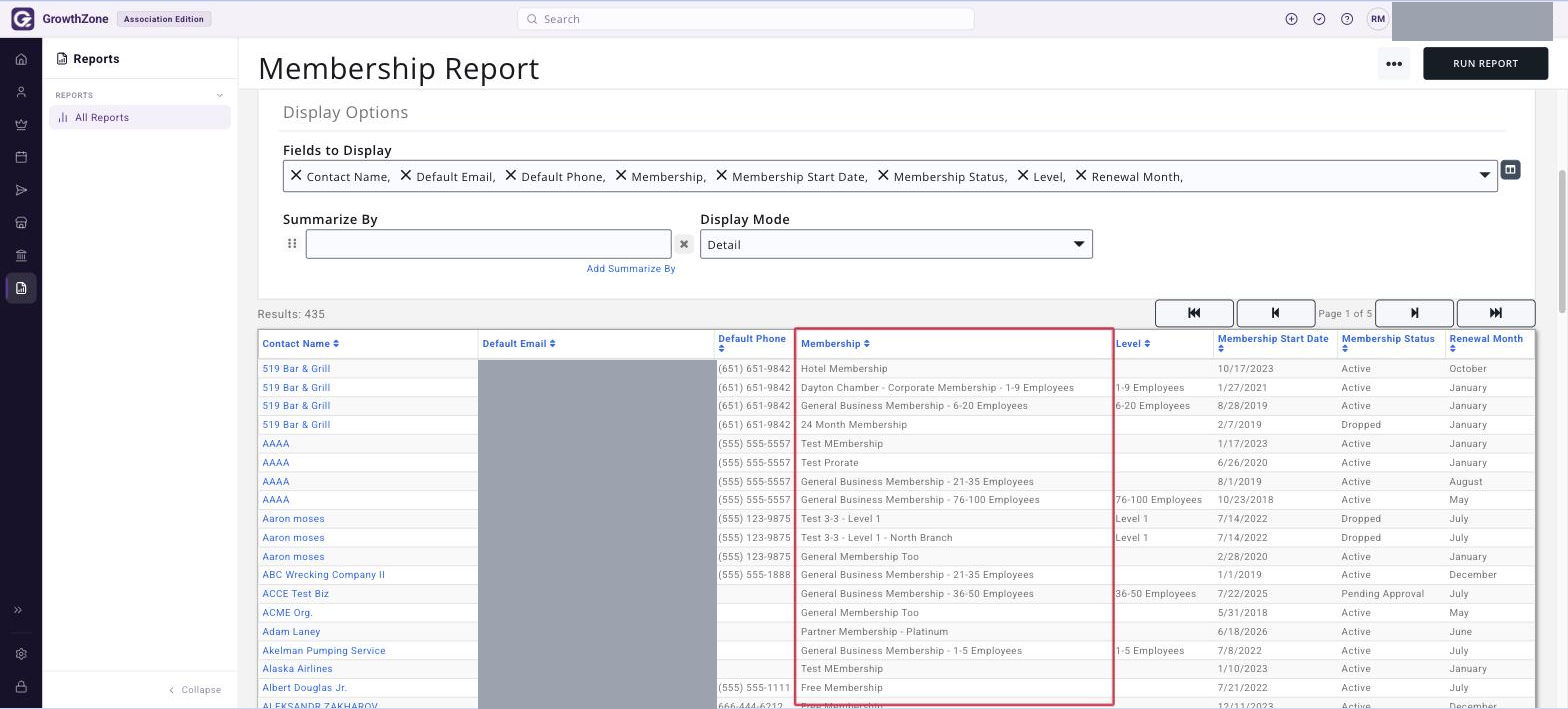 Membership report results with the MEMBERSHIP column boxed, showing Membership Type Name plus Level (plus Chapter where applicable), and the LEVELS field shown in the report’s fiel