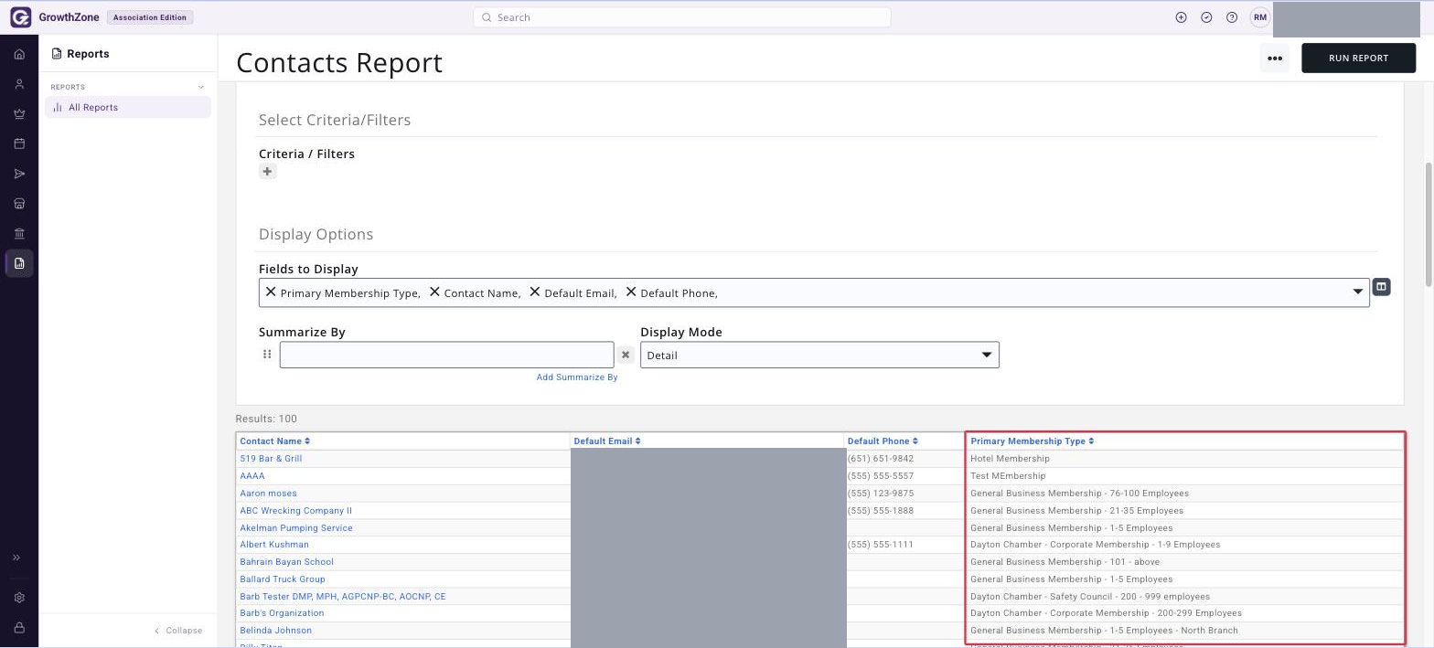 Contacts report results filtered by Membership Type, with the membership name column boxed showing Type + Level + Chapter