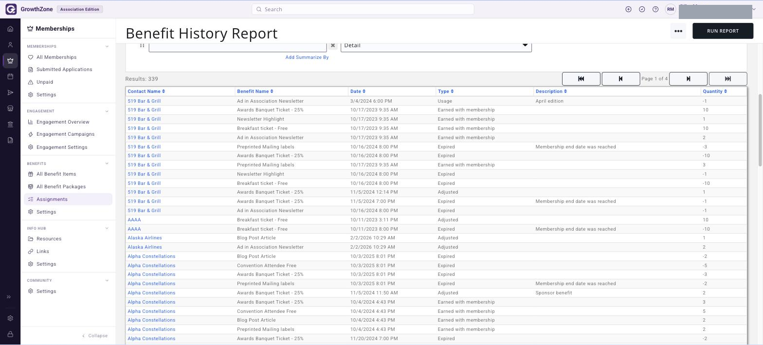 Sample BENEFIT HISTORY REPORT results grid showing the default display fields — Contact Name, Benefit Name, Date, Type, Description and Quantity