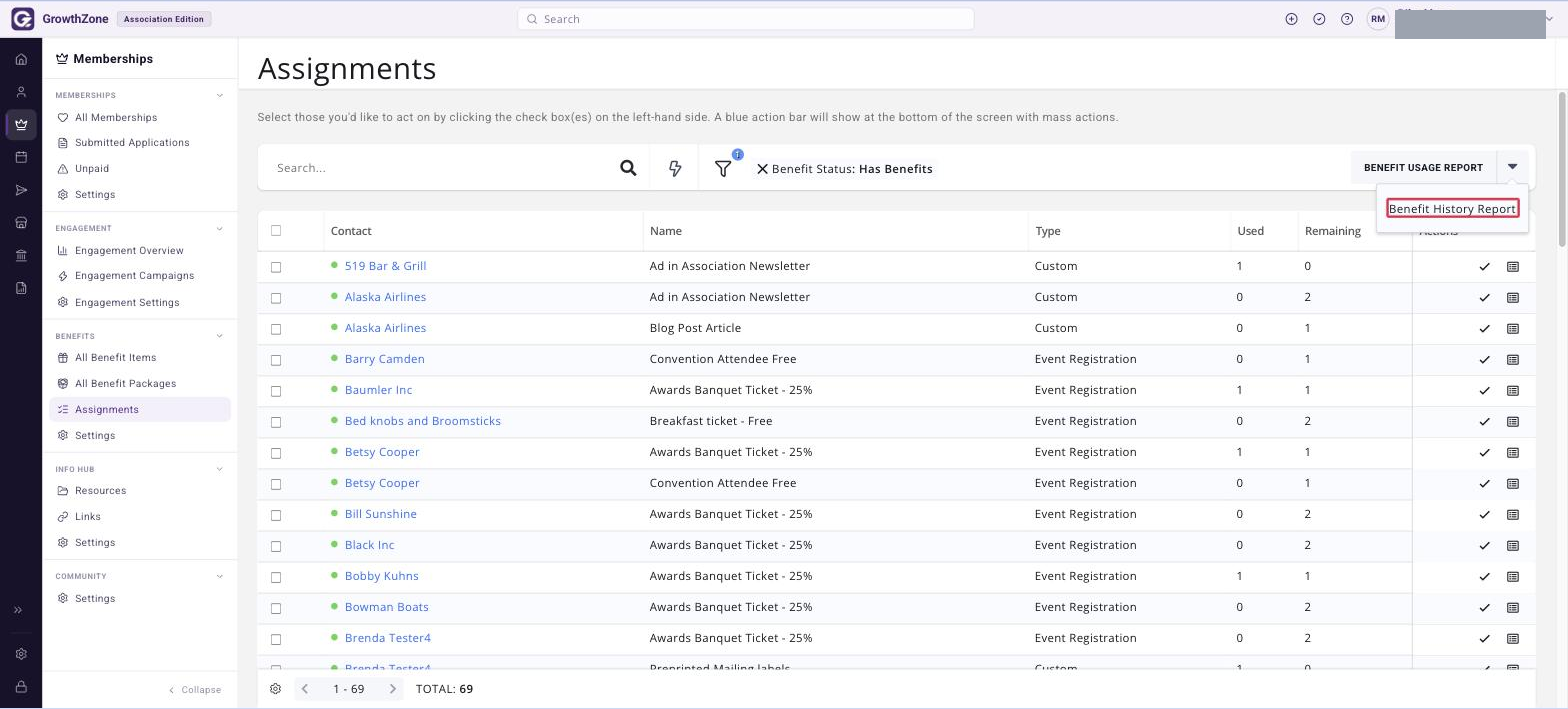 Assignments page with the arrow beside the BENEFIT USAGE REPORT button open and BENEFIT HISTORY REPORT boxed in red