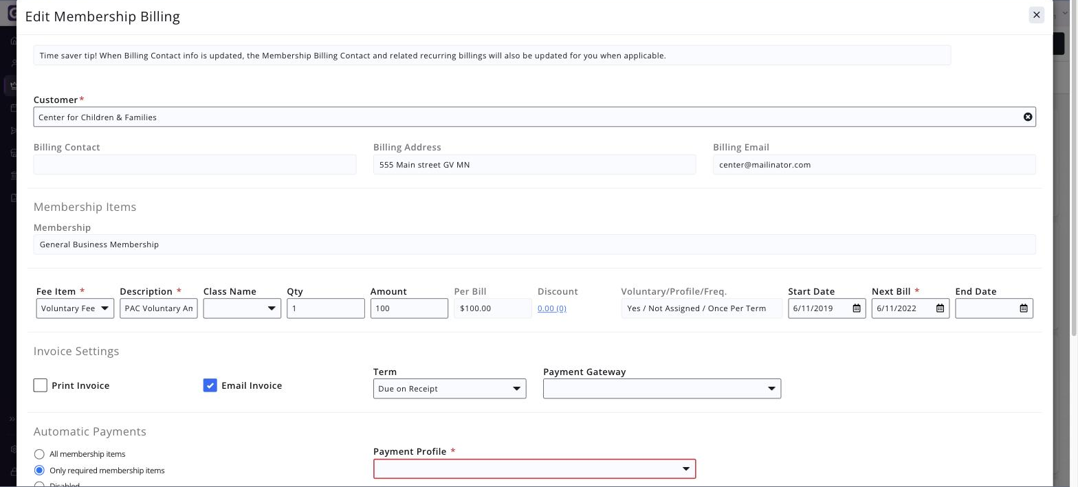 The EDIT MEMBERSHIP BILLING window for the membership, showing the fee item row and the NEXT BILL field
