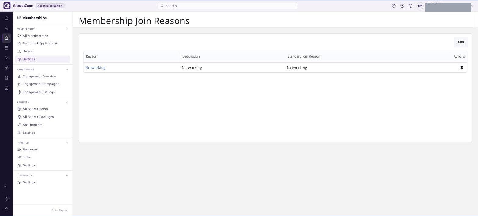 Membership Join Reasons list page in the v2 nav, showing the existing reasons grid and the ADD button