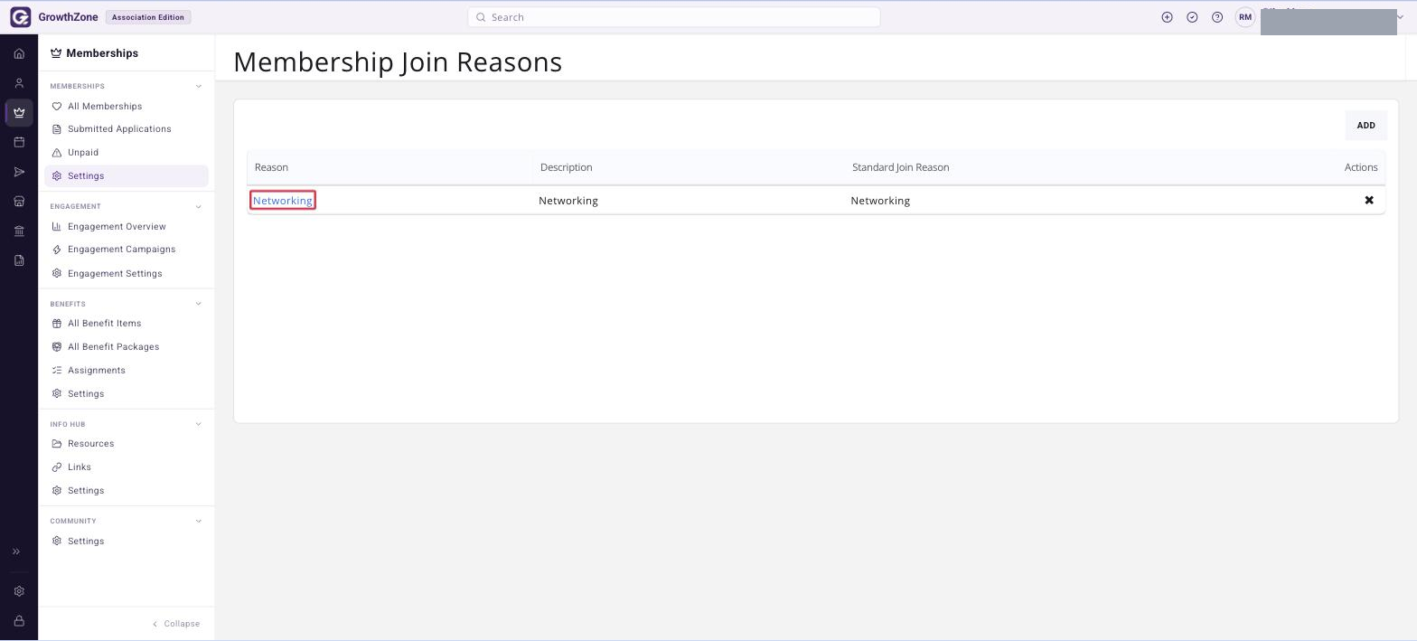 Membership Join Reasons list page with an existing reason’s hyperlink boxed