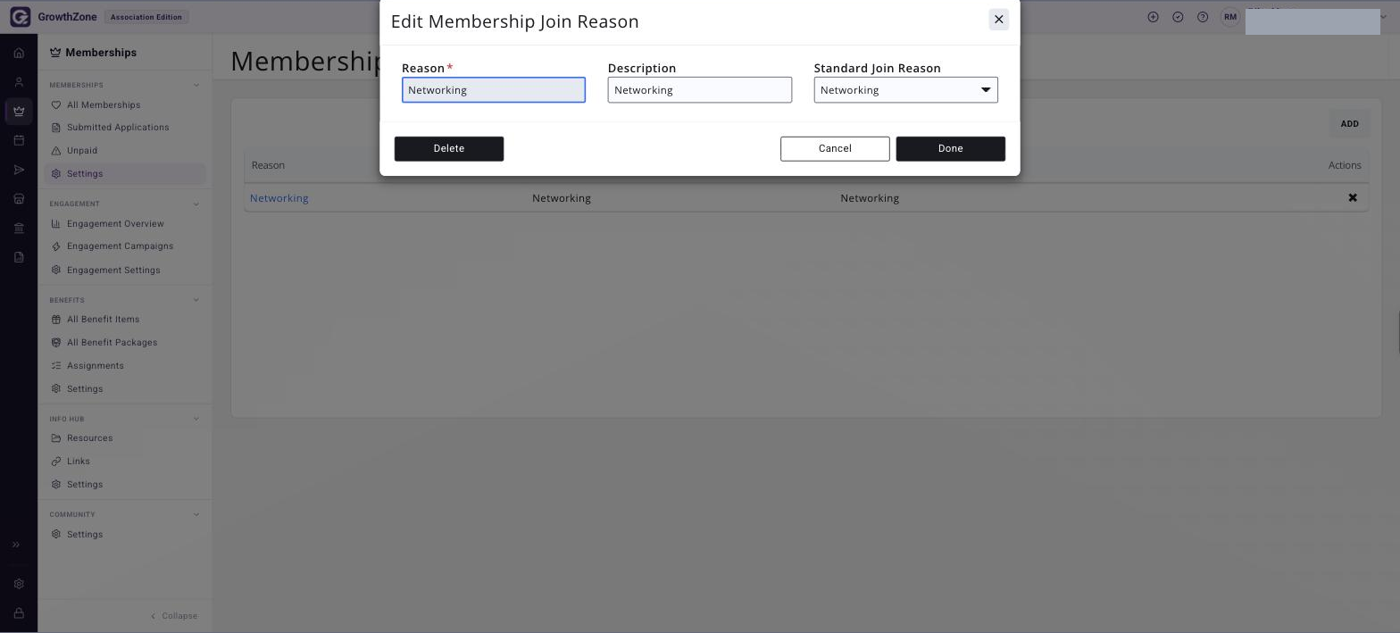 Edit Join Reason dialog with the Reason, Description and Standard Join Reason fields populated