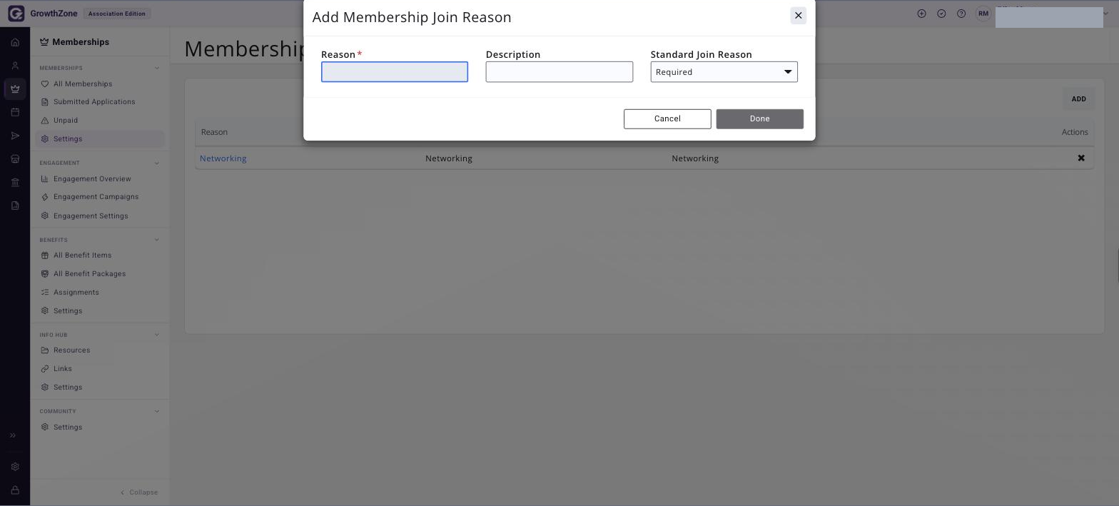 Add Join Reason dialog, empty, with the Reason, Description and Standard Join Reason fields visible