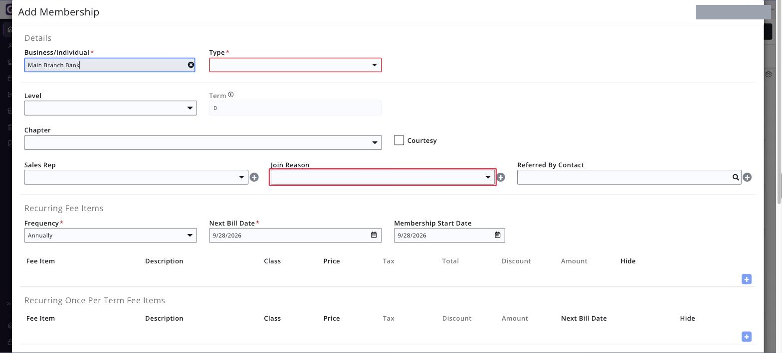 Back-office membership add/edit screen with the Join Reason drop-down boxed