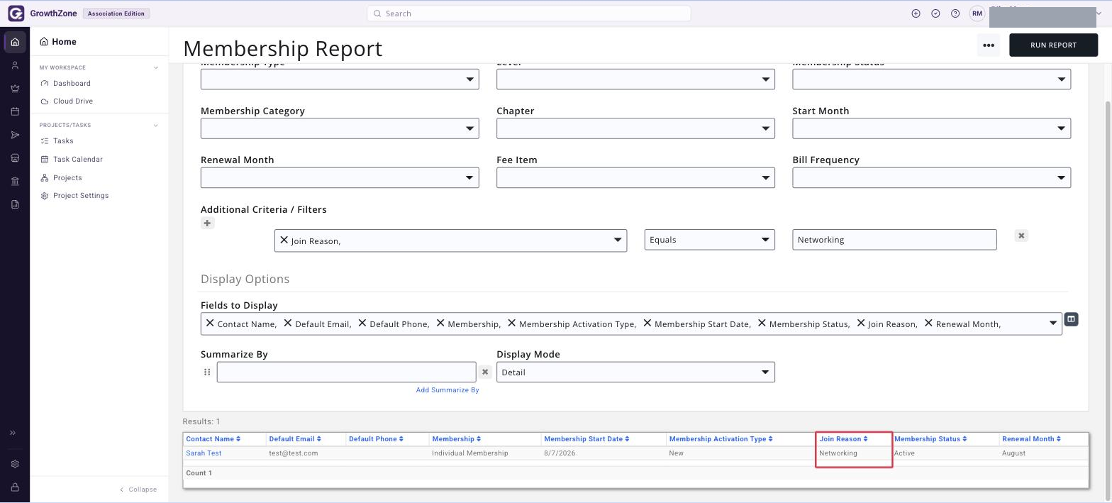 Membership Report results filtered by Join Reason, with the Membership Join Reason column boxed