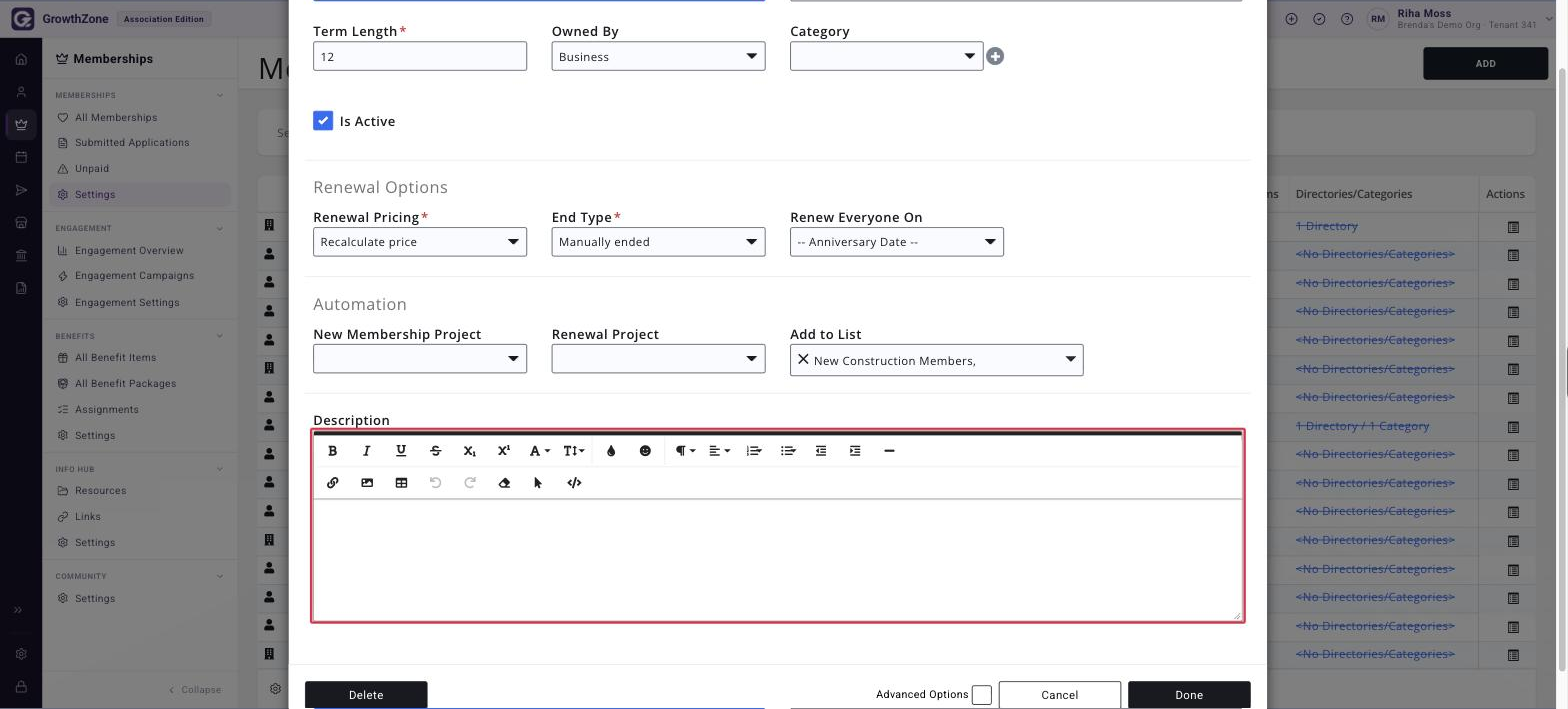 Bottom of the Edit Membership Type window with the description editor boxed