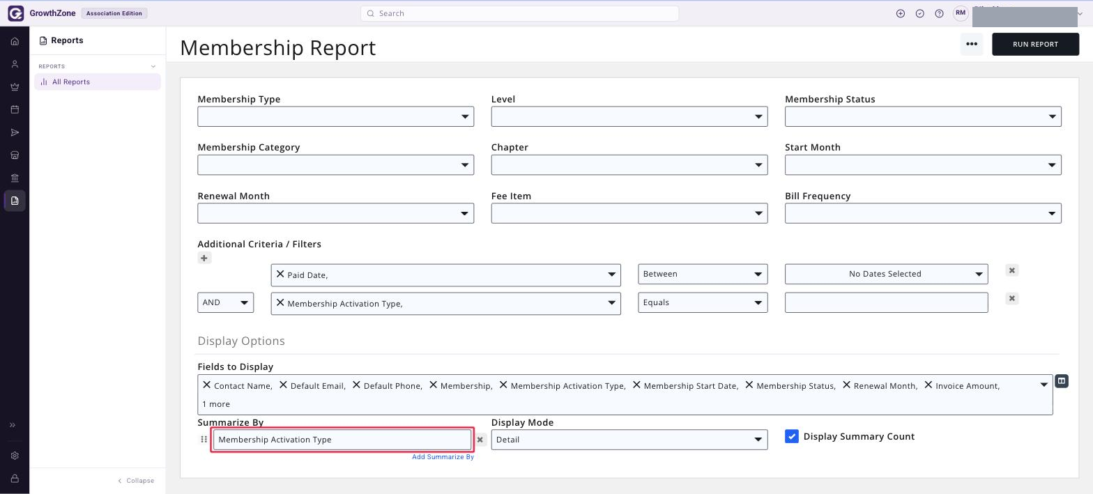 Membership Report with the Summarize By drop-down open and Membership Activation Type boxed
