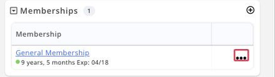 Close crop of a membership row in the Memberships section with the ACTIONS icon boxed