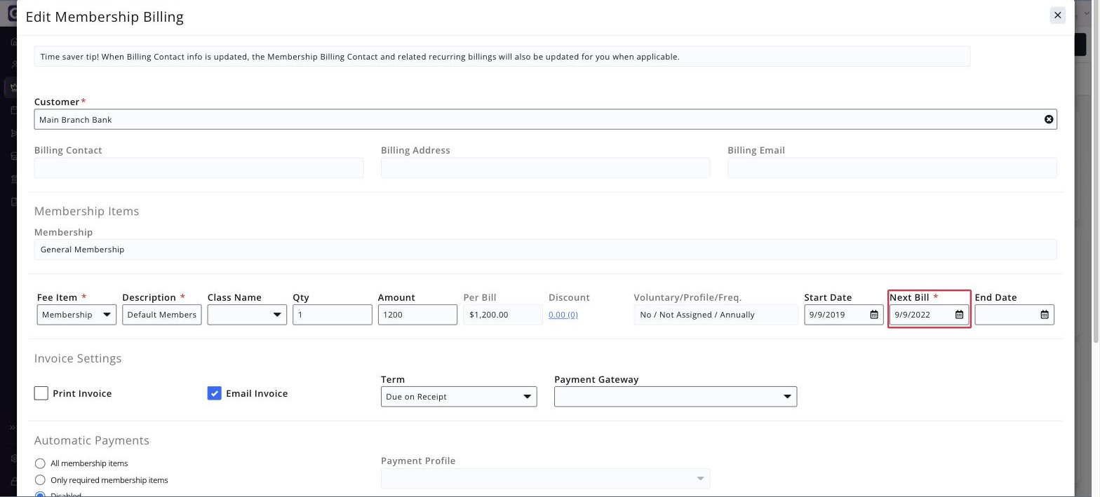Edit Membership Billing screen with the Next Bill Date field boxed