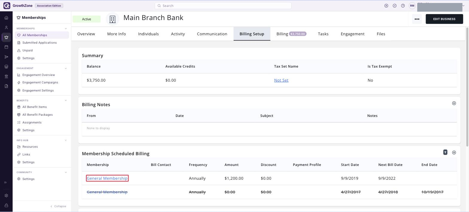 Contact record Billing Setup tab, Membership Scheduled Billing section, with the membership hyperlink boxed