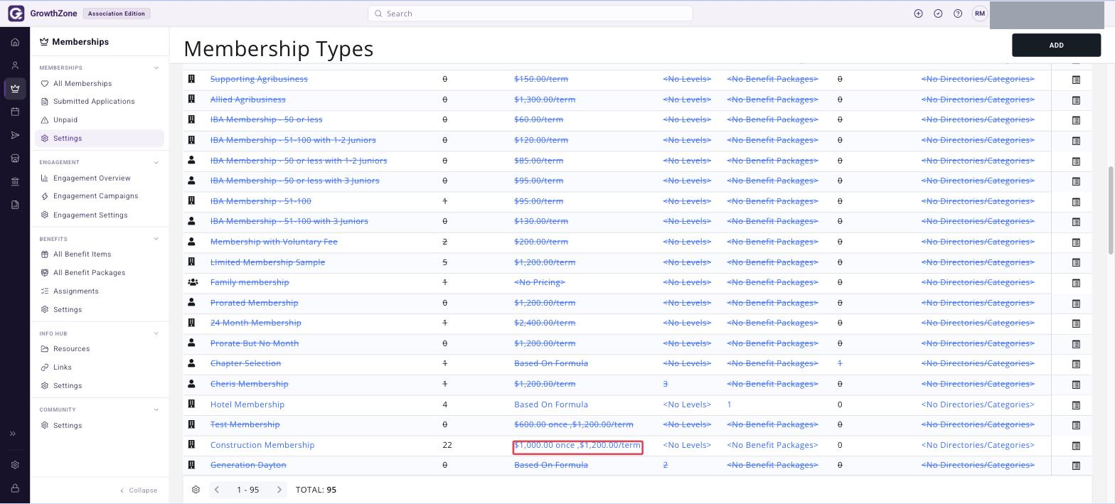 Membership Types page with the PRICING link boxed on the desired membership type row
