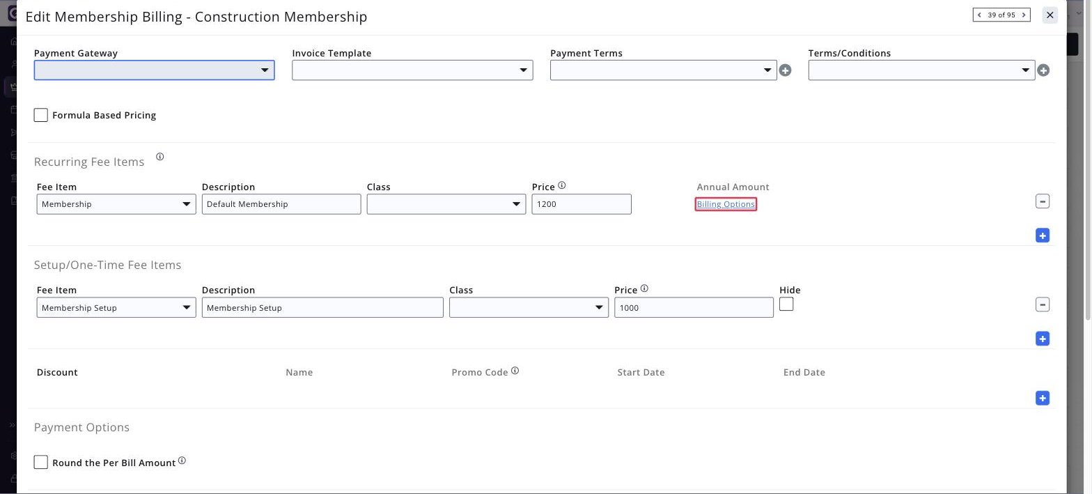 Membership type pricing screen with the BILLING OPTIONS control boxed on the fee item row