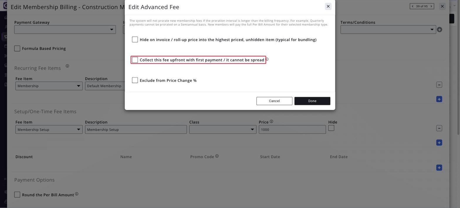 Billing Options panel with the COLLECT THIS FEE UPFRONT WITH FIRST PAYMENT/IT CANNOT BE SPREAD checkbox boxed