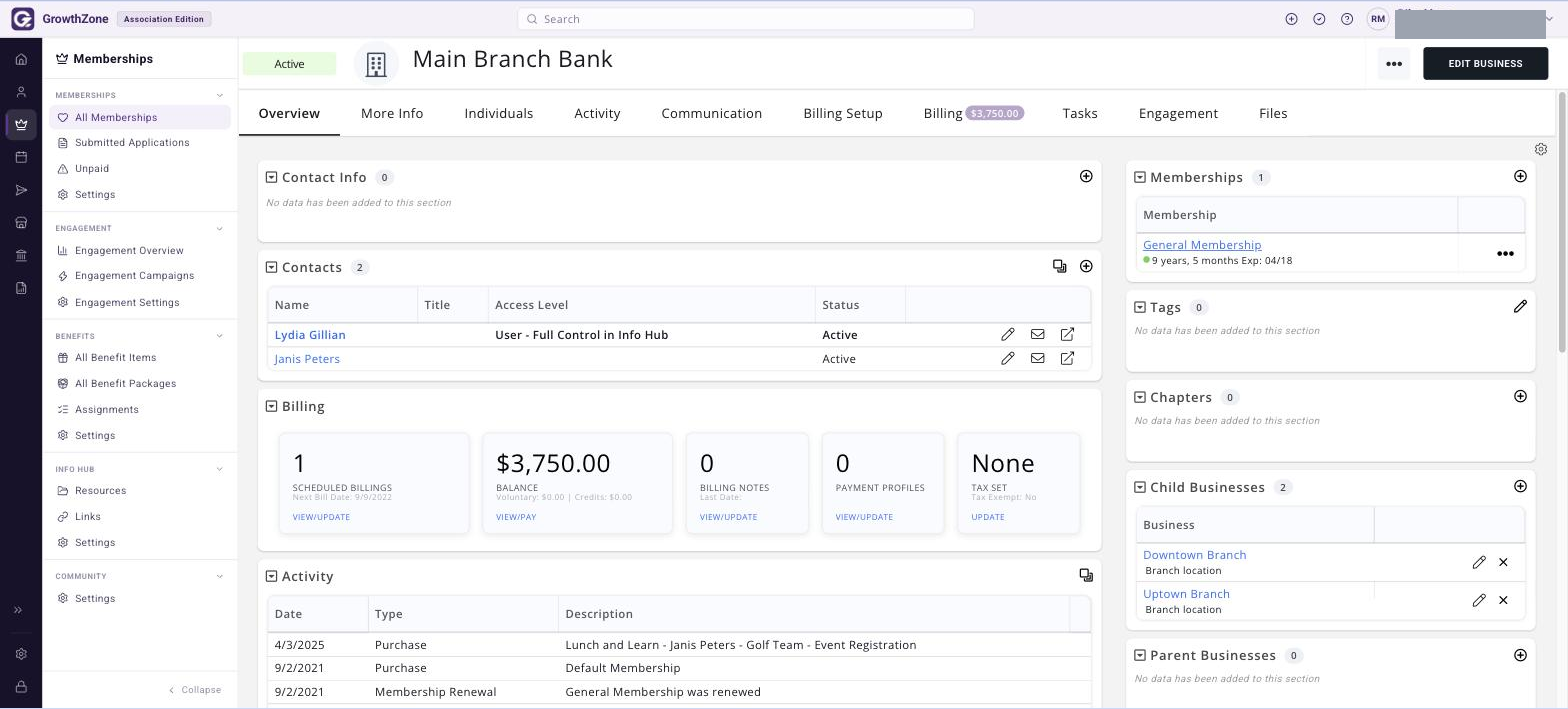 Organization contact record with the Overview tab selected and the Memberships section visible
