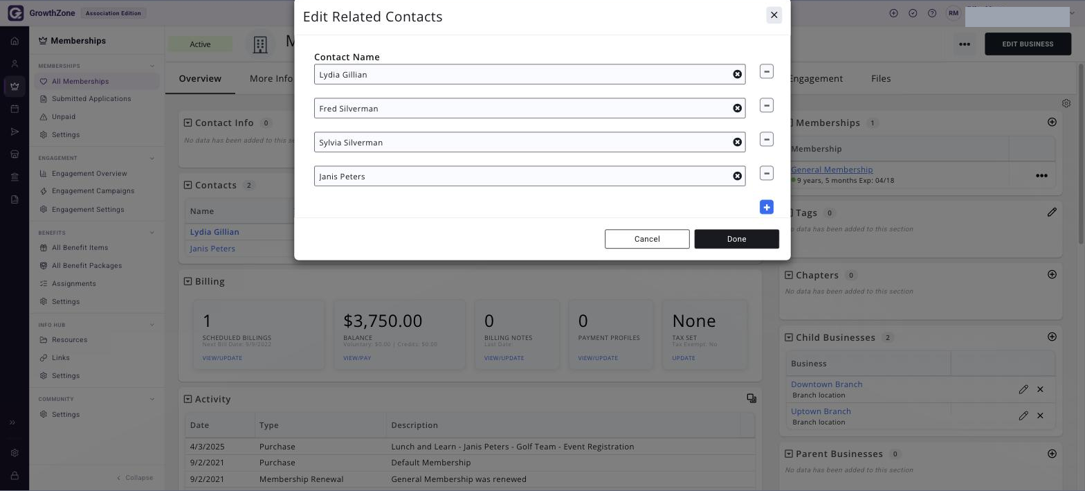 Related Contacts dialog listing the contacts related to the membership