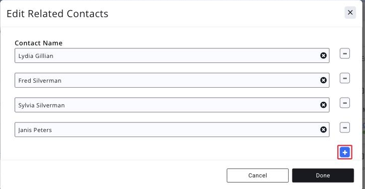 Close crop of the Related Contacts dialog with the add icon boxed